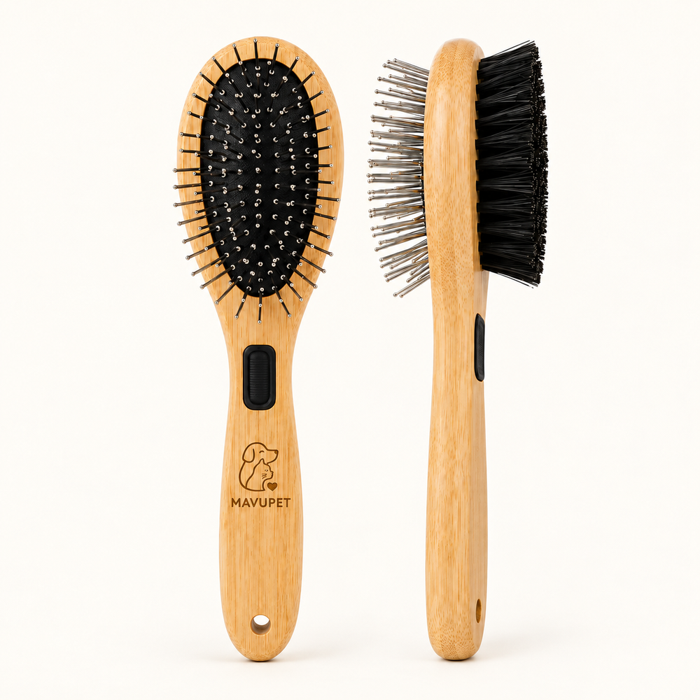 MAVUPET bamboo grooming brush shown from the pin side and in profile.