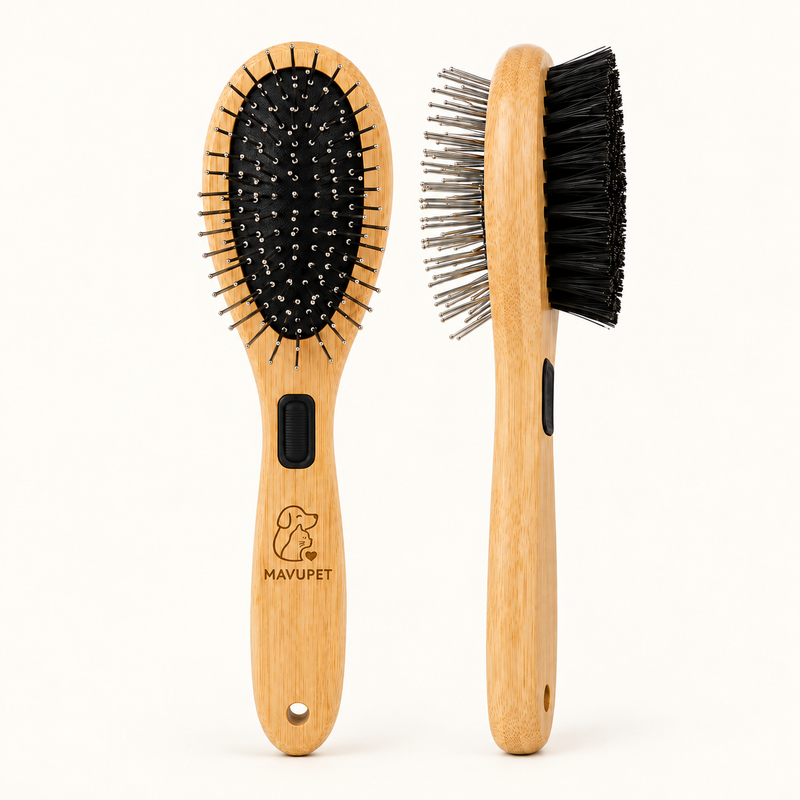 MAVUPET bamboo grooming brush shown from the pin side and in profile.