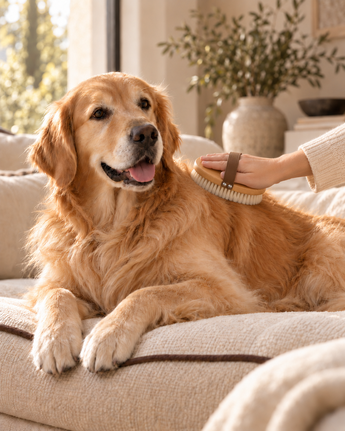 A golden retriever being gently groomed with an oval wooden brush in a warm cream interior.