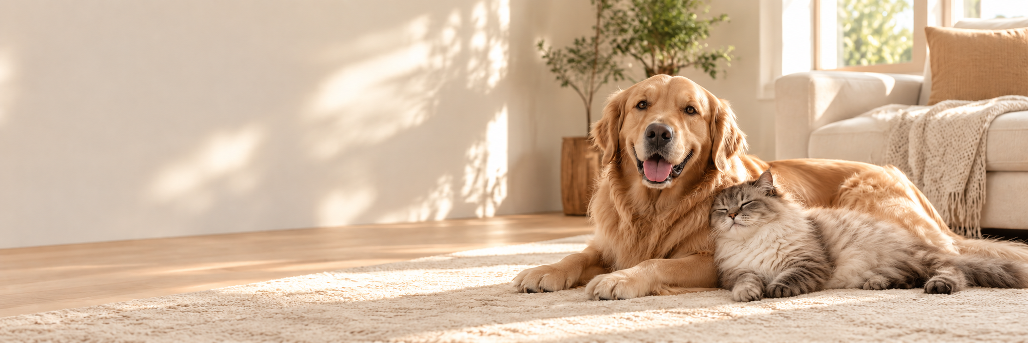 A golden retriever and a fluffy tabby cat resting together on a cream rug in a sunlit room.