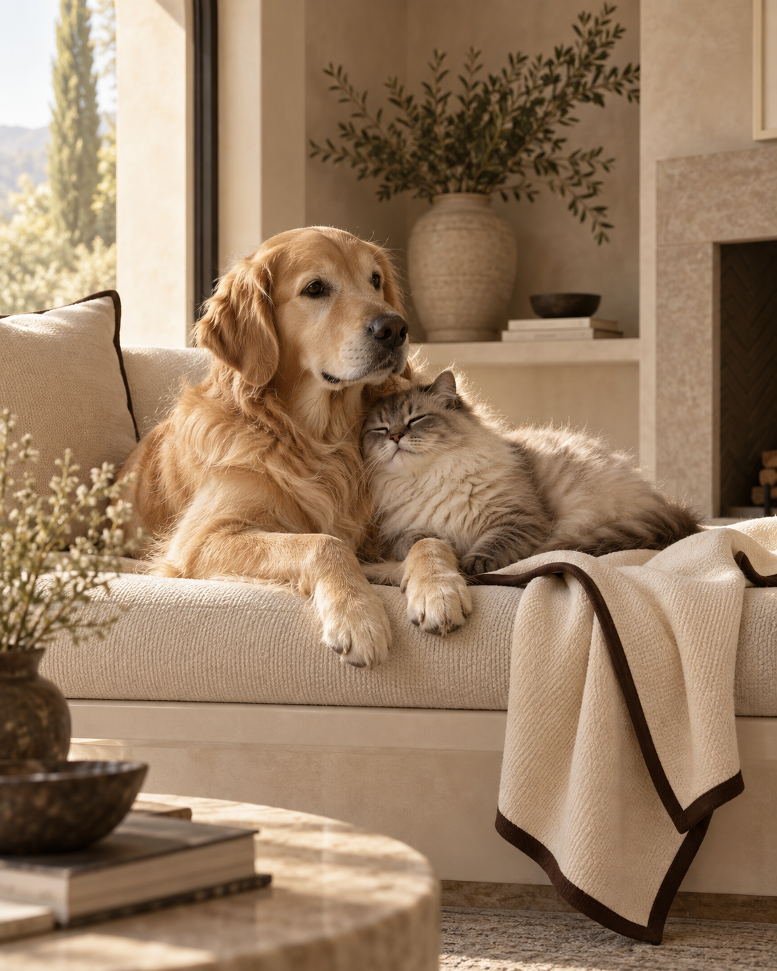 A golden retriever and a fluffy cat resting together on a cream sofa in a warm interior.